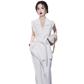 Set costum alb pentru femei, din două piese, fără mâneci, stil profesional elegant, 2025