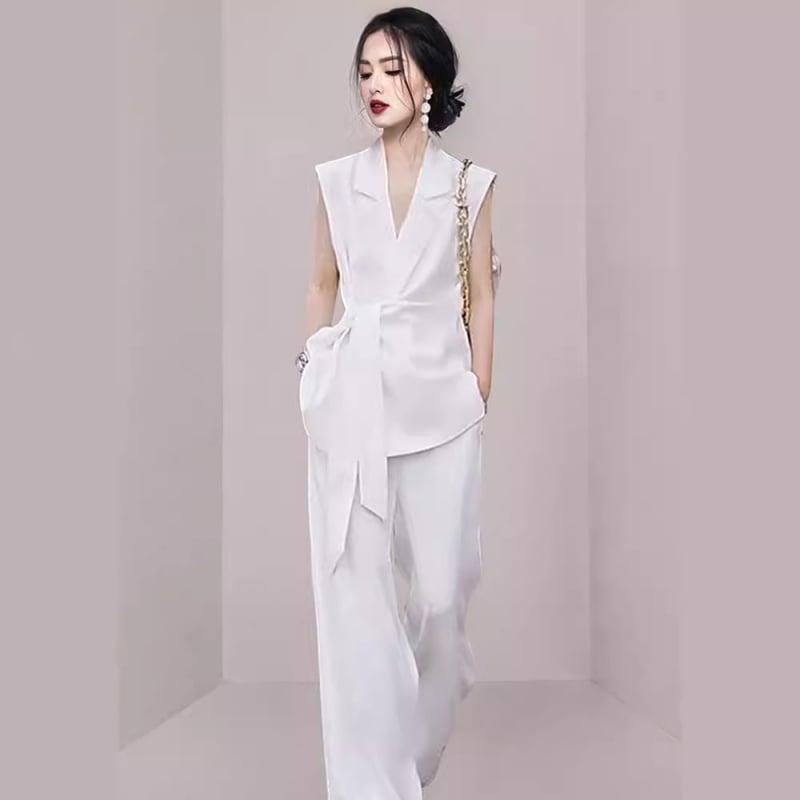 Set costum alb pentru femei, din două piese, fără mâneci, stil profesional elegant, 2025