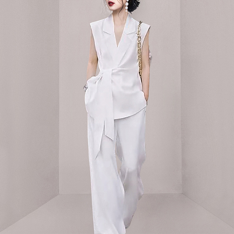 Set costum alb pentru femei, din două piese, fără mâneci, stil profesional elegant, 2025