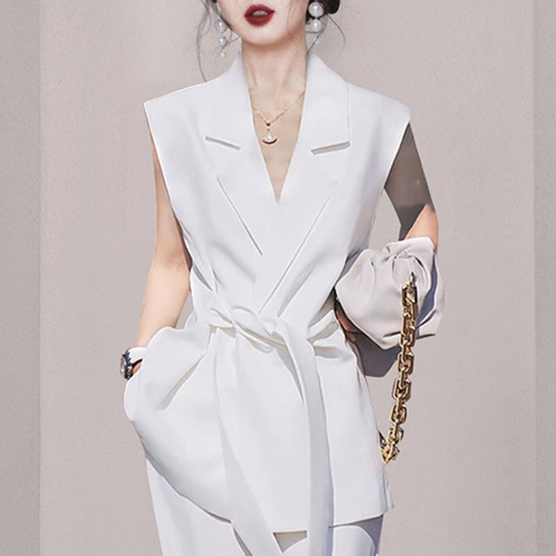 Set costum alb pentru femei, din două piese, fără mâneci, stil profesional elegant, 2025