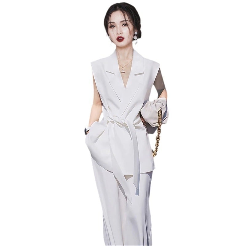 Set costum alb pentru femei, din două piese, fără mâneci, stil profesional elegant, 2025