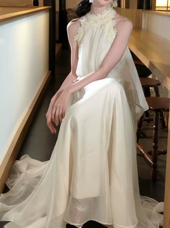 rochie cu halter, iluzie de două piese pentru femei, stil delicat de zână, fustă lungă din plasă de tull, linie în A