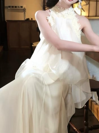 rochie cu halter, iluzie de două piese pentru femei, stil delicat de zână, fustă lungă din plasă de tull, linie în A
