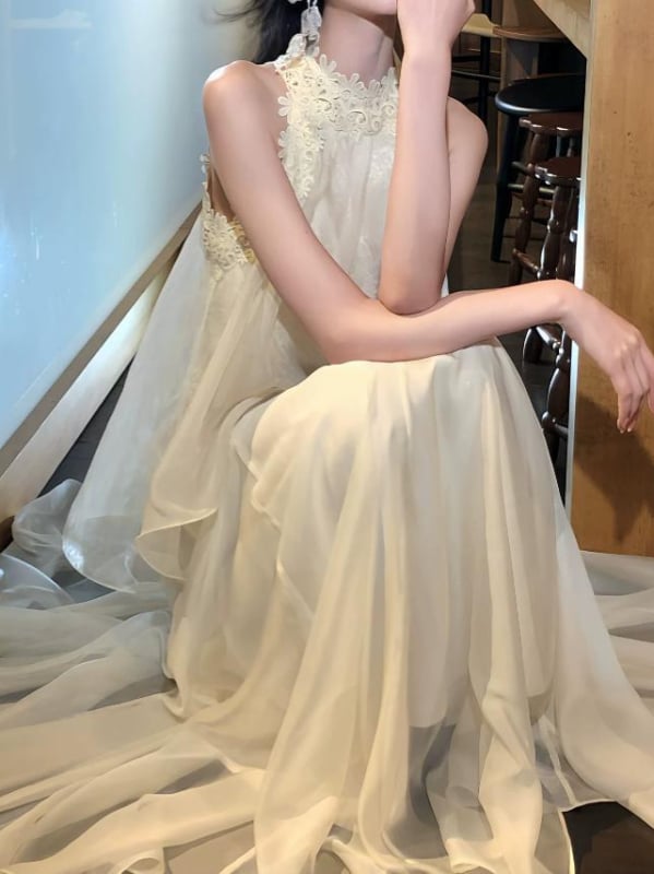 rochie cu halter, iluzie de două piese pentru femei, stil delicat de zână, fustă lungă din plasă de tull, linie în A