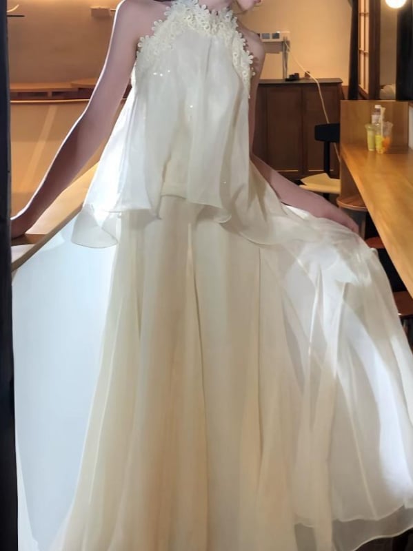 rochie cu halter, iluzie de două piese pentru femei, stil delicat de zână, fustă lungă din plasă de tull, linie în A
