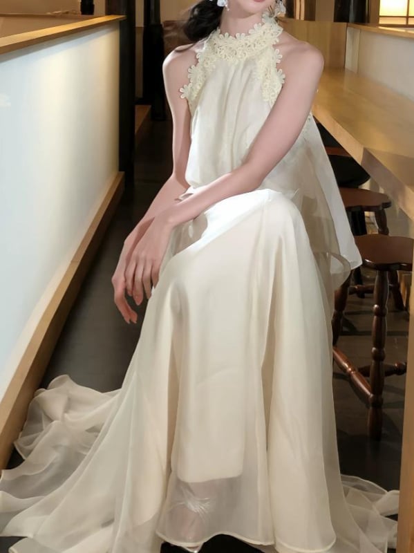 rochie cu halter, iluzie de două piese pentru femei, stil delicat de zână, fustă lungă din plasă de tull, linie în A