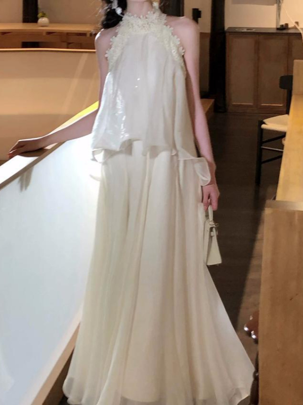 rochie cu halter, iluzie de două piese pentru femei, stil delicat de zână, fustă lungă din plasă de tull, linie în A