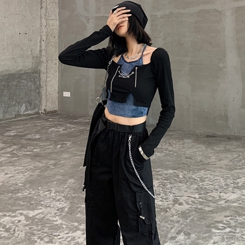 Set de două piese pentru femei în stil hip-hop american: top crop cu mâneci lungi și tie-dye, pantaloni cu talie înaltă, casual