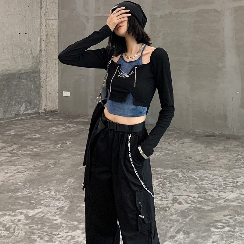 Set de două piese pentru femei în stil hip-hop american: top crop cu mâneci lungi și tie-dye, pantaloni cu talie înaltă, casual