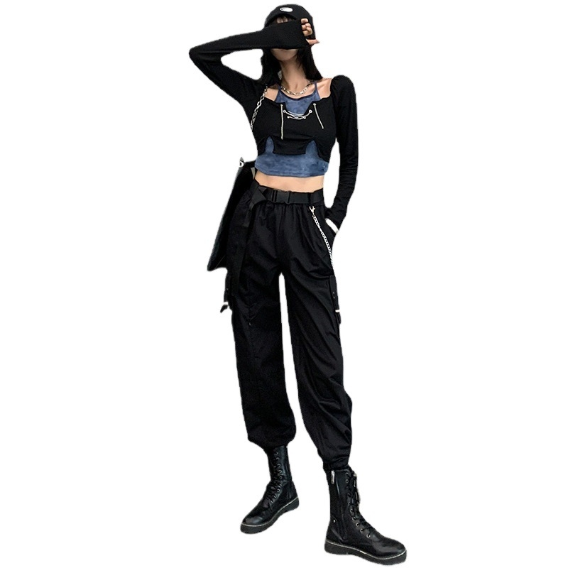 Set de două piese pentru femei în stil hip-hop american: top crop cu mâneci lungi și tie-dye, pantaloni cu talie înaltă, casual