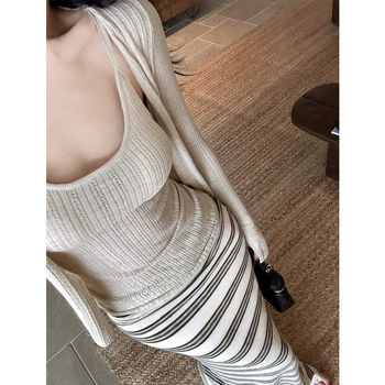 Set de două piese: cardigan tricotat damă și top cu bretele, croi slim, protecție solară, vară
