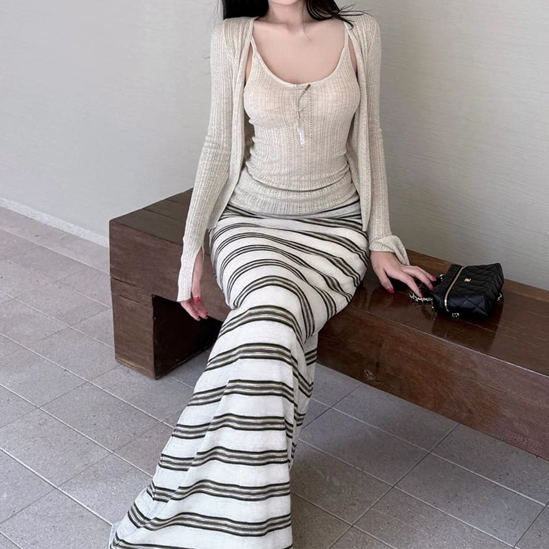 Set de două piese: cardigan tricotat damă și top cu bretele, croi slim, protecție solară, vară