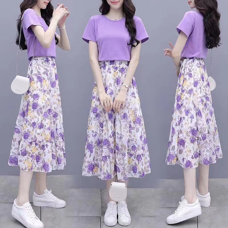 Set two-piece floral pentru femei — top și fustă, stil de vară, siluetă slim