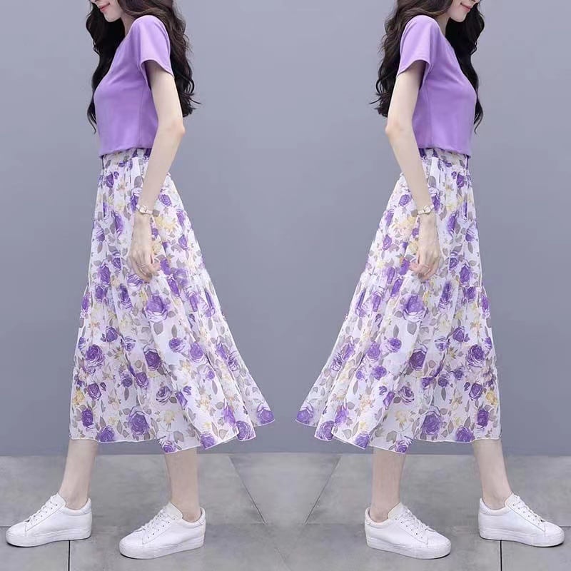 Set two-piece floral pentru femei — top și fustă, stil de vară, siluetă slim