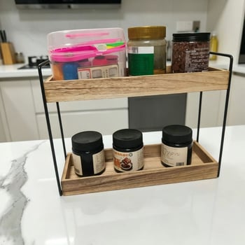 Raft din lemn cu două etaje pentru depozitare în bucătărie și organizare de cosmetice pe birou în cămin