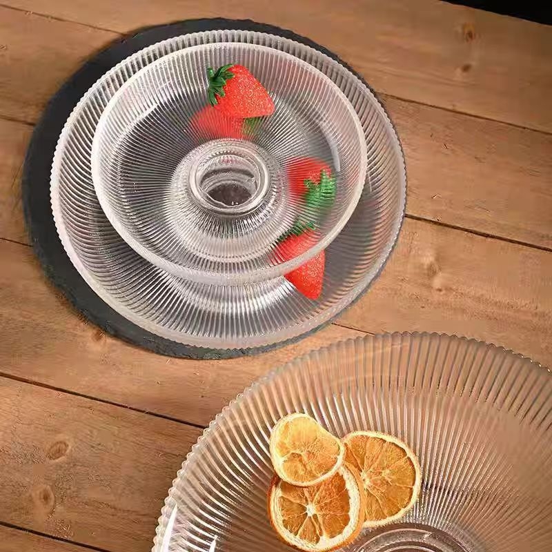 Farfurie de fructe din sticlă înaltă, cu dungi verticale, margine aurie, capacitate mare, design minimalist, obiect decorativ în stil IG