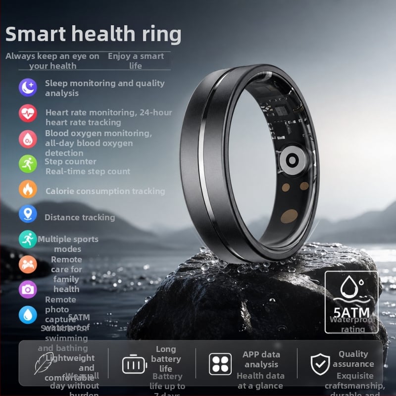 Inel inteligent Bluetooth AI cu monitor de ritm cardiac și urmărire a sănătății, monitorizare somn și activitate, oxigen în sânge, pași, distanță și calorii, impermeabil 5ATM