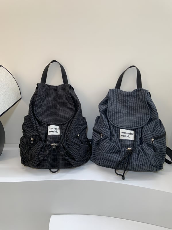 Rucsac dama cu imprimeu în carouri, stil casual, capacitate mare, ușor cu șnur