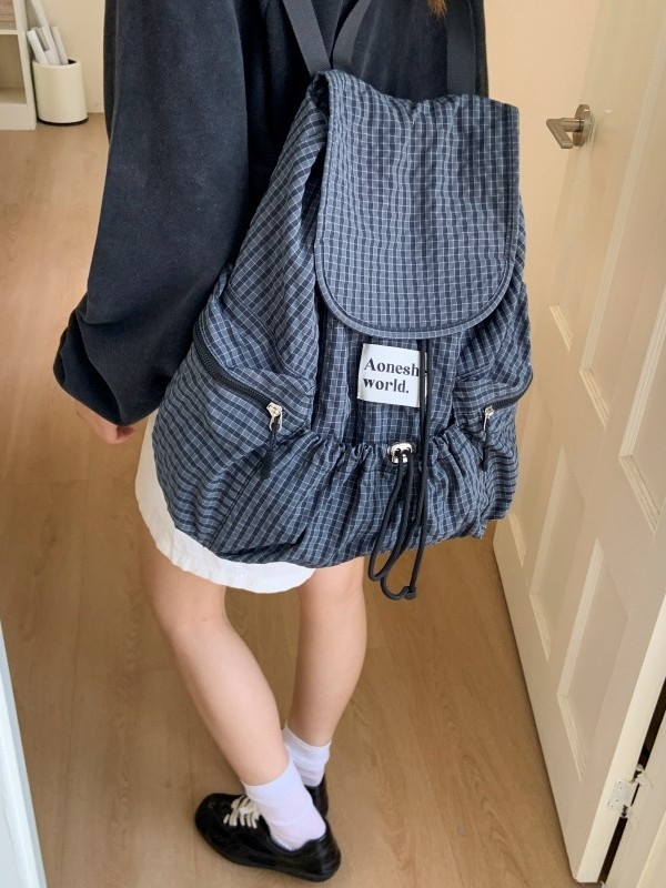 Rucsac dama cu imprimeu în carouri, stil casual, capacitate mare, ușor cu șnur
