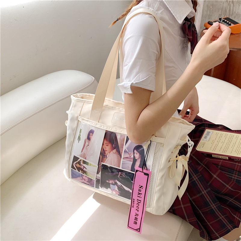 Geantă Tote în stil japonez, capacitate mare — pânză transparentă, design drăguț de studentă, versatilă pentru umăr sau crossbody