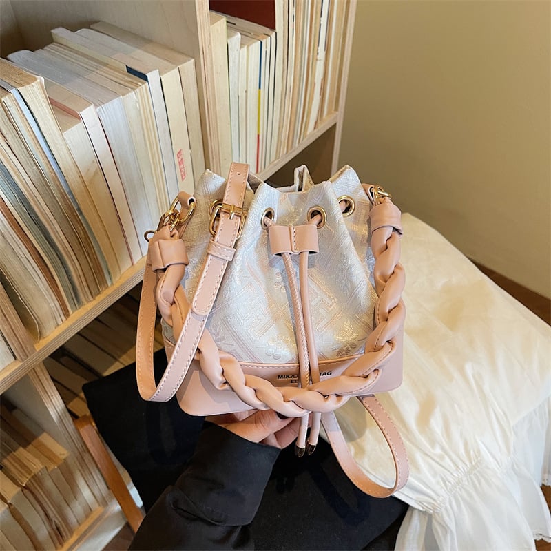 Geantă bucket PU cu model twist – mică, închidere prin șnur, pentru femei, umăr/crossbody, design vintage cu pliuri
