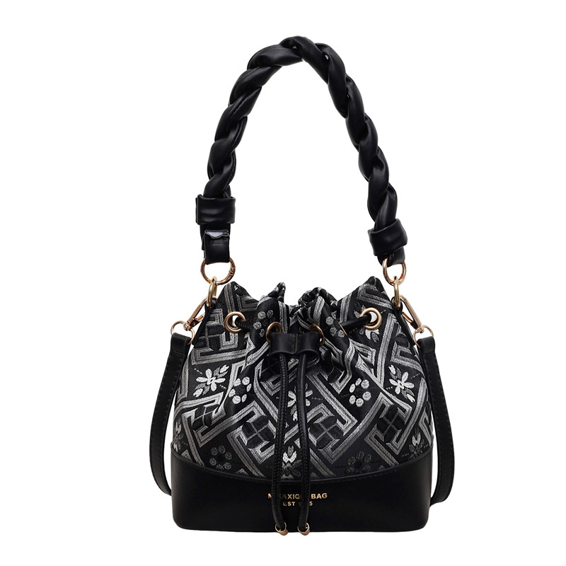 Geantă bucket PU cu model twist – mică, închidere prin șnur, pentru femei, umăr/crossbody, design vintage cu pliuri