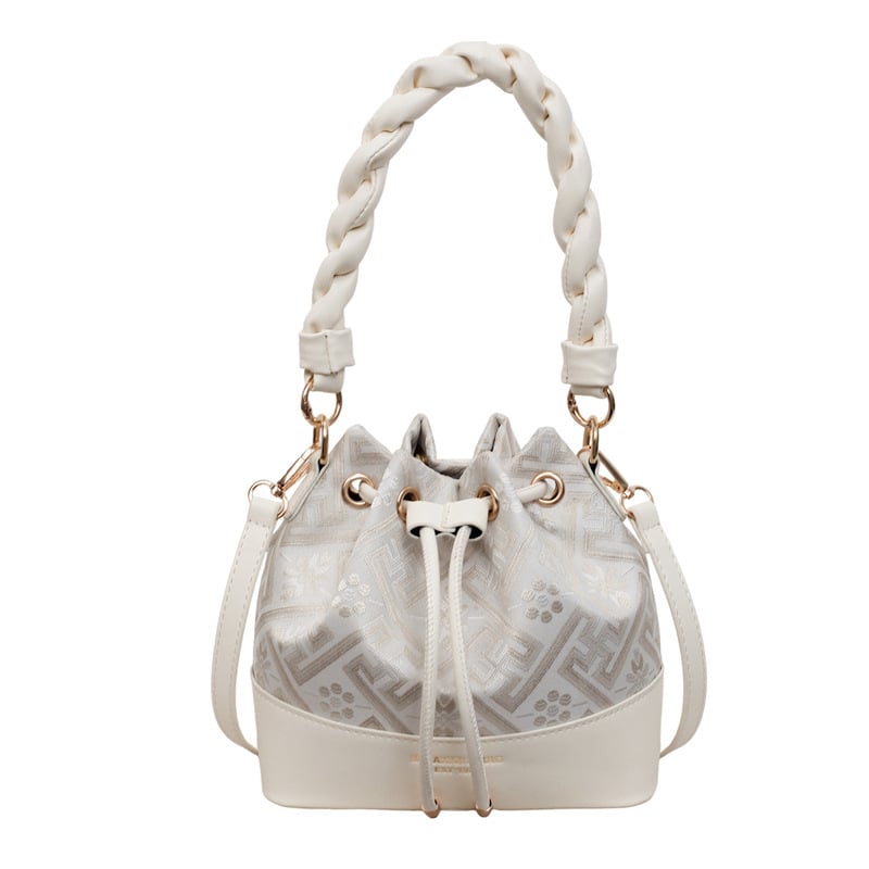 Geantă bucket PU cu model twist – mică, închidere prin șnur, pentru femei, umăr/crossbody, design vintage cu pliuri
