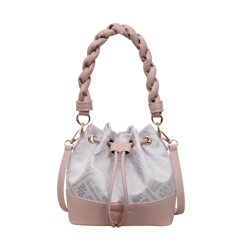 Geantă bucket PU cu model twist – mică, închidere prin șnur, pentru femei, umăr/crossbody, design vintage cu pliuri