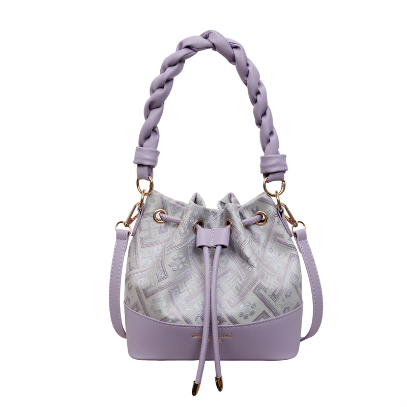 Geantă bucket PU cu model twist – mică, închidere prin șnur, pentru femei, umăr/crossbody, design vintage cu pliuri