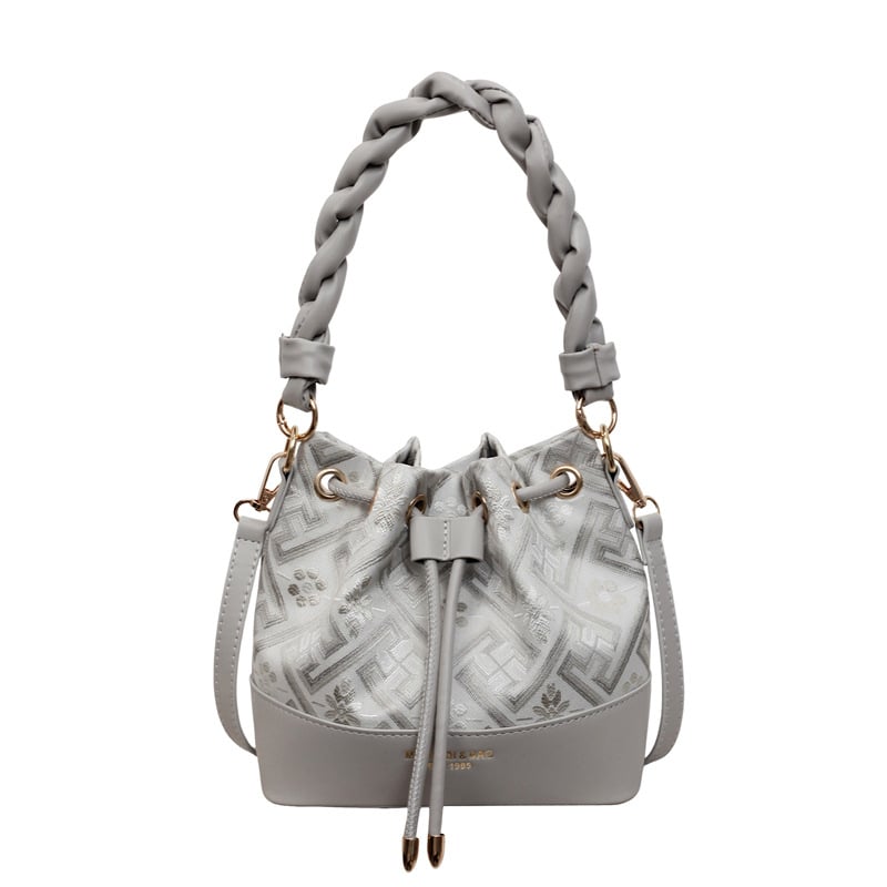 Geantă bucket PU cu model twist – mică, închidere prin șnur, pentru femei, umăr/crossbody, design vintage cu pliuri