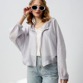Jachetă cu glugă din mătase Mulberry, protecție UV UPF30+, fermoar, culoare solidă, mâneci lungi, ușoară, croială lejeră