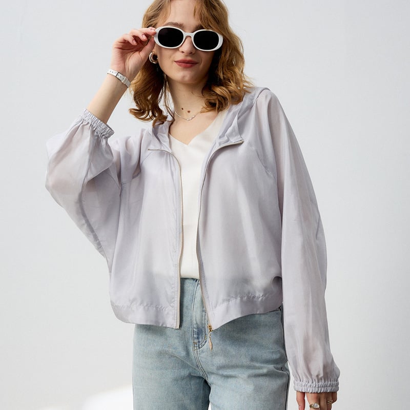 Jachetă cu glugă din mătase Mulberry, protecție UV UPF30+, fermoar, culoare solidă, mâneci lungi, ușoară, croială lejeră