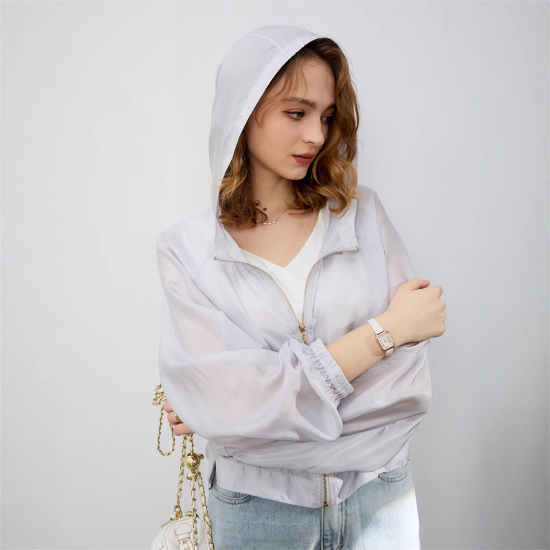 Jachetă cu glugă din mătase Mulberry, protecție UV UPF30+, fermoar, culoare solidă, mâneci lungi, ușoară, croială lejeră