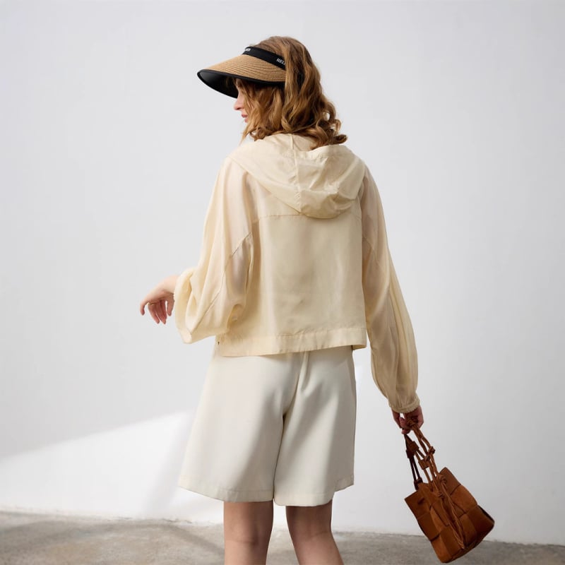 Jachetă cu glugă din mătase Mulberry, protecție UV UPF30+, fermoar, culoare solidă, mâneci lungi, ușoară, croială lejeră