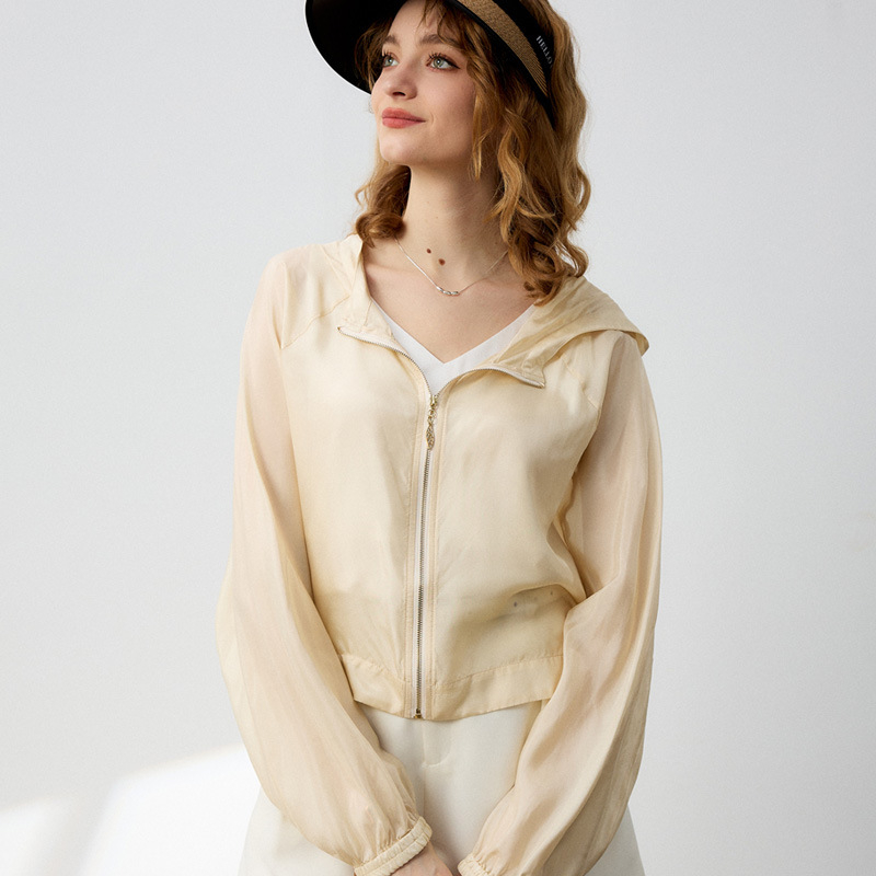 Jachetă cu glugă din mătase Mulberry, protecție UV UPF30+, fermoar, culoare solidă, mâneci lungi, ușoară, croială lejeră
