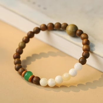 Brățară din lemn de santal verde natural cu mărgele și piatră Shoushan, stil artistic ușor lux, lanț subțire cu un singur șir, pentru femei și cupluri