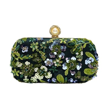 Geantă clutch verde închis cu paiete lucioase brodate cu mărgele, accesoriu elegant pentru femei.