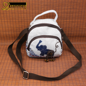 Dámska crossbody kabelka s motívom slona, dvojitý zips, malý štvorcový tvar, bavlna a ľan, na telefón a peňaženku na mince