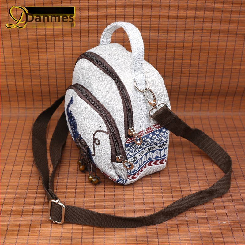 Dámska crossbody kabelka s motívom slona, dvojitý zips, malý štvorcový tvar, bavlna a ľan, na telefón a peňaženku na mince