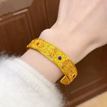 Brățară deschisă pentru femei, cu motiv fluture roșu-albastru, stil lux lejer, aur imitativ, culoare rezistentă la decolorare