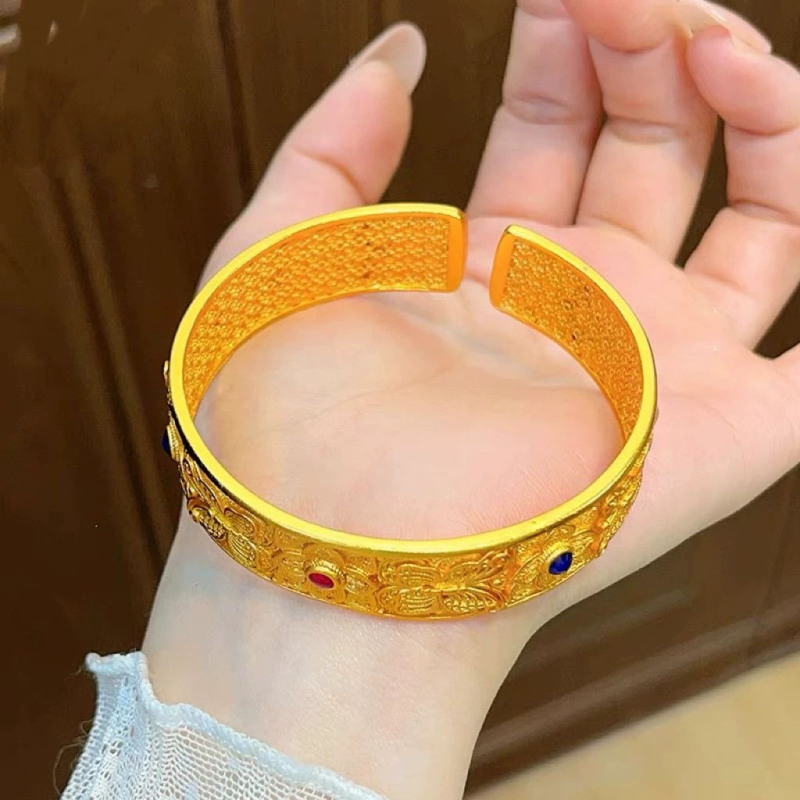 Brățară deschisă pentru femei, cu motiv fluture roșu-albastru, stil lux lejer, aur imitativ, culoare rezistentă la decolorare