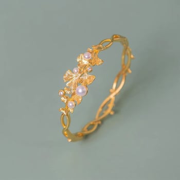 Brățară cu frunză de ginko, ton auriu, pentru femei, cu inserții de diamante și perle, design deschis