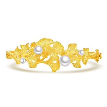 Brățară cu frunză de ginko, ton auriu, pentru femei, cu inserții de diamante și perle, design deschis