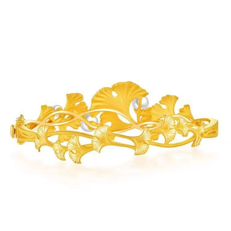 Brățară cu frunză de ginko, ton auriu, pentru femei, cu inserții de diamante și perle, design deschis