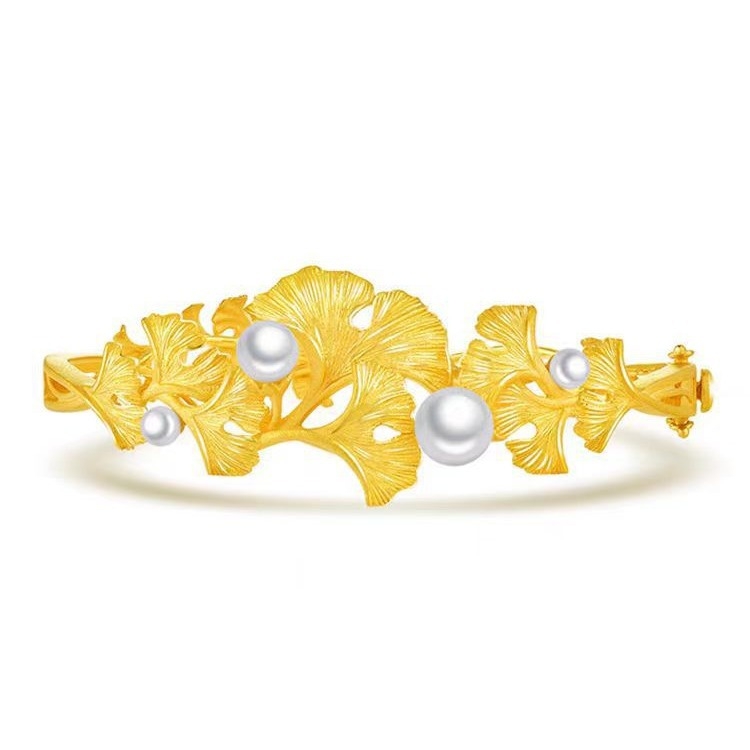 Brățară cu frunză de ginko, ton auriu, pentru femei, cu inserții de diamante și perle, design deschis
