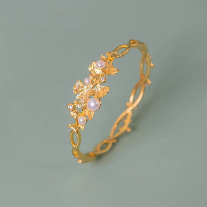 Brățară cu frunză de ginko, ton auriu, pentru femei, cu inserții de diamante și perle, design deschis