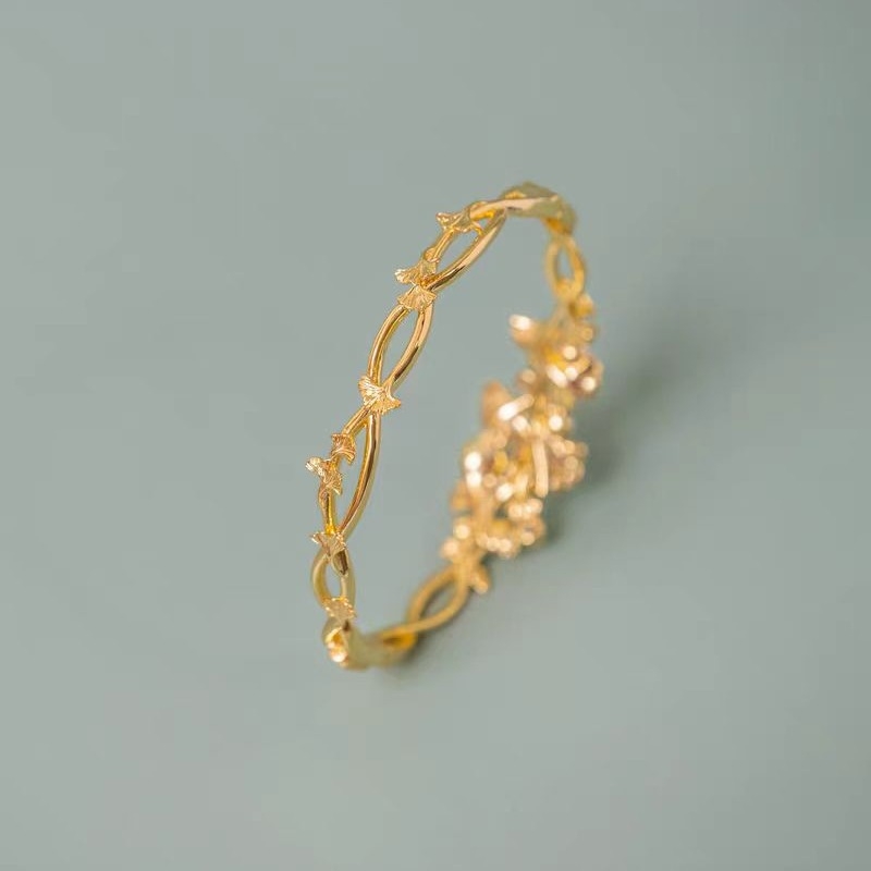 Brățară cu frunză de ginko, ton auriu, pentru femei, cu inserții de diamante și perle, design deschis