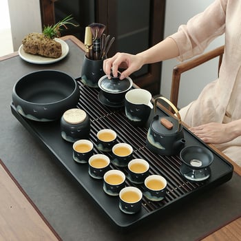 Set Gongfu de ceai din ceramică pentru 6 persoane, boluri cu capac – stil retro-modern