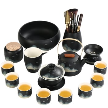 Set Gongfu de ceai din ceramică pentru 6 persoane, boluri cu capac – stil retro-modern
