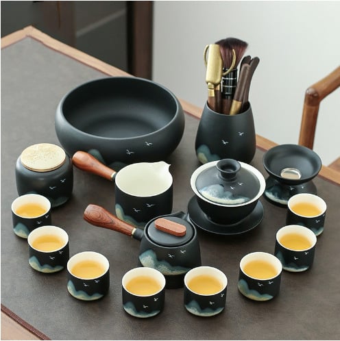Set Gongfu de ceai din ceramică pentru 6 persoane, boluri cu capac – stil retro-modern